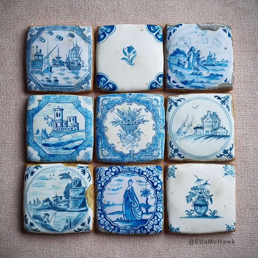 A square arrangement of 9 individual biscuit tiles painted in rich shades of blue and made to look old, chipped, and cracked. 

On the top row, there is: a ship with billowing sails approaching a dock, with two stylized ducks or geese in the foreground; a delicate flower motif in the centre of a bright white tile with deep blue detail at each corner; a cracked tile depicting two figures in rustic historical dress looking out to sea, accompanied by a small dog. 

The middle row features: a roughly painted castle surrounded by an octagonal frame; an intricate floral arrangement with an angel at each of the tile’s four corners; a cluster of small rustic buildings with boat sails and a flock of birds in the distance. 

Finally, on the bottom row of biscuits there is: a figure fishing in the foreground of a multi-storey round tower; a woman wearing a flowing eighteenth-century gown, framed by a deep blue floral pattern; a small vase of flowers in the centre of an aged white biscuit.  